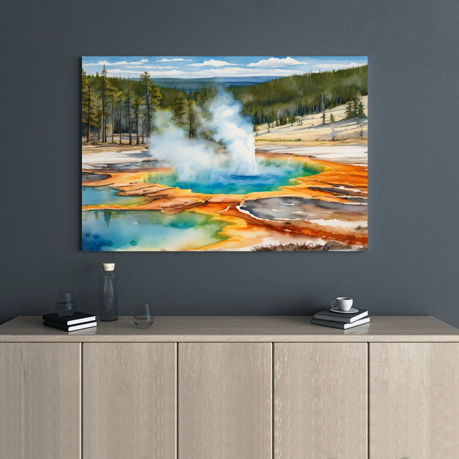 Yellowstone National Park Canvas Print | Grand Prismatic Spring Watercolor Art | 1.25" Gallery Wrap Wall Decor | Nature Lover Gift for Home Office