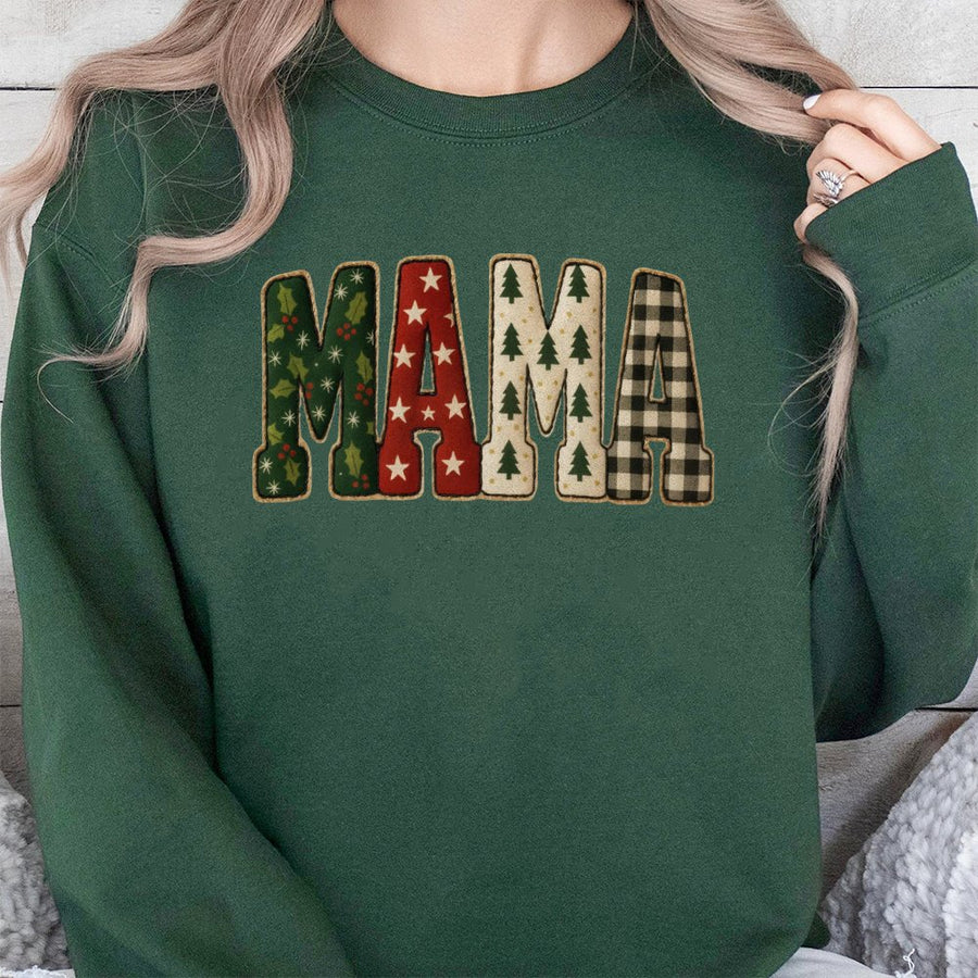 Christmas Mama Sweatshirt | Festive Plaid Pattern Typography | Premium Cotton Blend | Holiday Gift For Mom