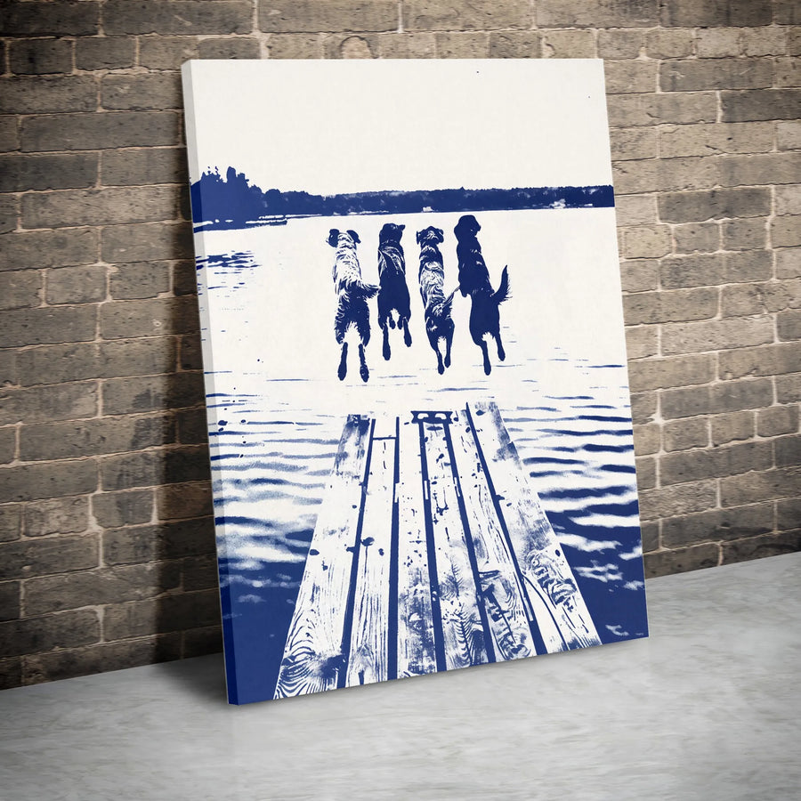 Dogs Jumping Off Dock Canvas Wall Art | Blue and White Coastal Dog Print | Premium 1.25 Inch Gallery Wrap | Gift for Dog Lovers