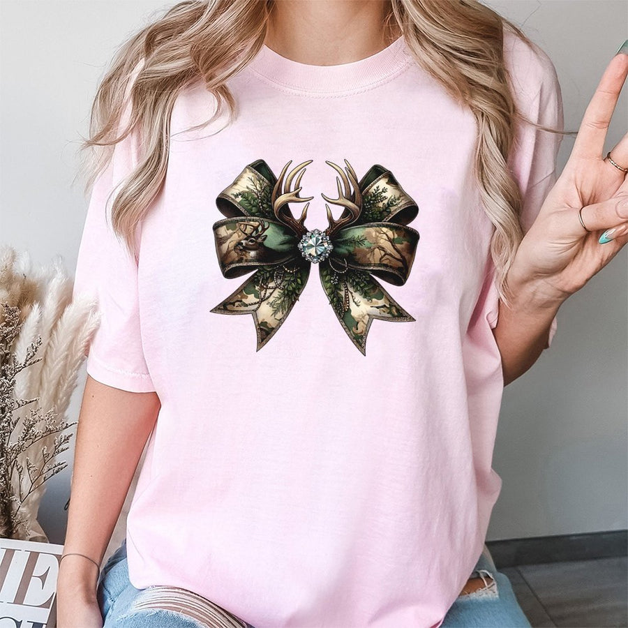 Camo Deer Bow T-Shirt | Rustic Antler Hunting Graphic | Premium 100% Cotton | Country Glam Gift for Women Outdoors