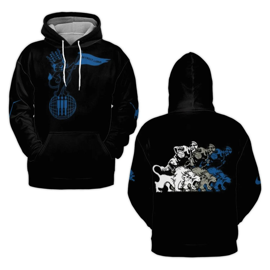 Detroit Lions Cartoon Lion With Flag Players Riding Lions Graphic 3D Hoodie