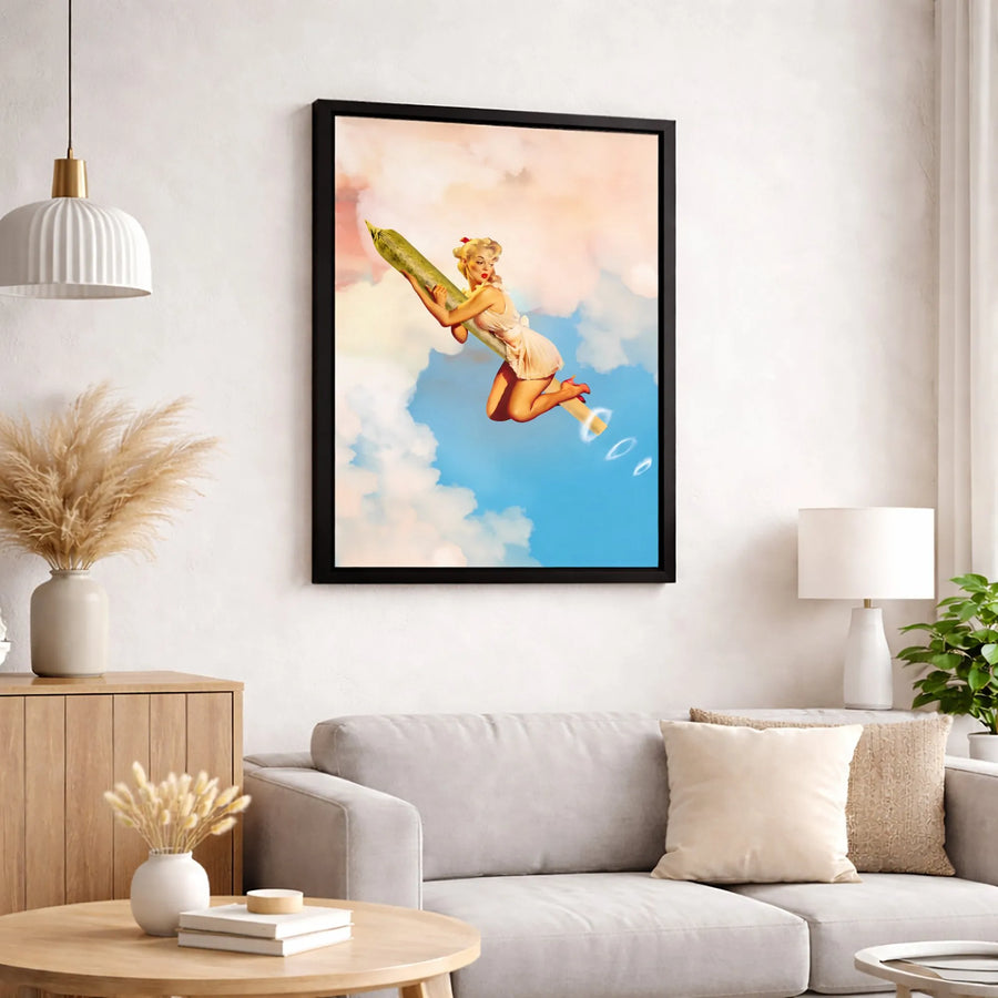 Pin-Up Girl Riding Joint Canvas Print | Retro Smoking Art Decor | Premium 1.25" Gallery Wrapped Wall Art | Edgy Stoner Gift for Apartment