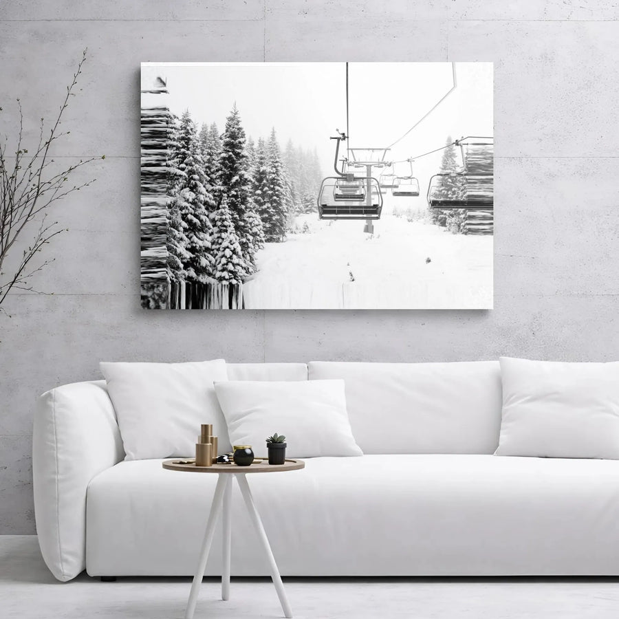 Ski Lift Canvas Wall Art | Snowy Pine Forest Glitch Print | Premium Gallery Wrap Decor | Winter Sports Gift for Home Office