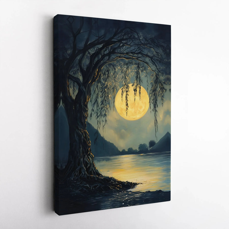 Weeping Willow Wall Art | Full Moon Lake Landscape Canvas Print | Premium Gallery Wrapped Decor | Nature Lover Gift for Home and Office