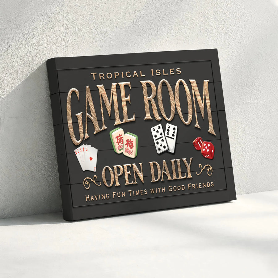 Game Room Sign Canvas Art | Retro Poker, Mahjong & Dice Design | Premium Canvas Print | Man Cave Decor Gift for Gamers
