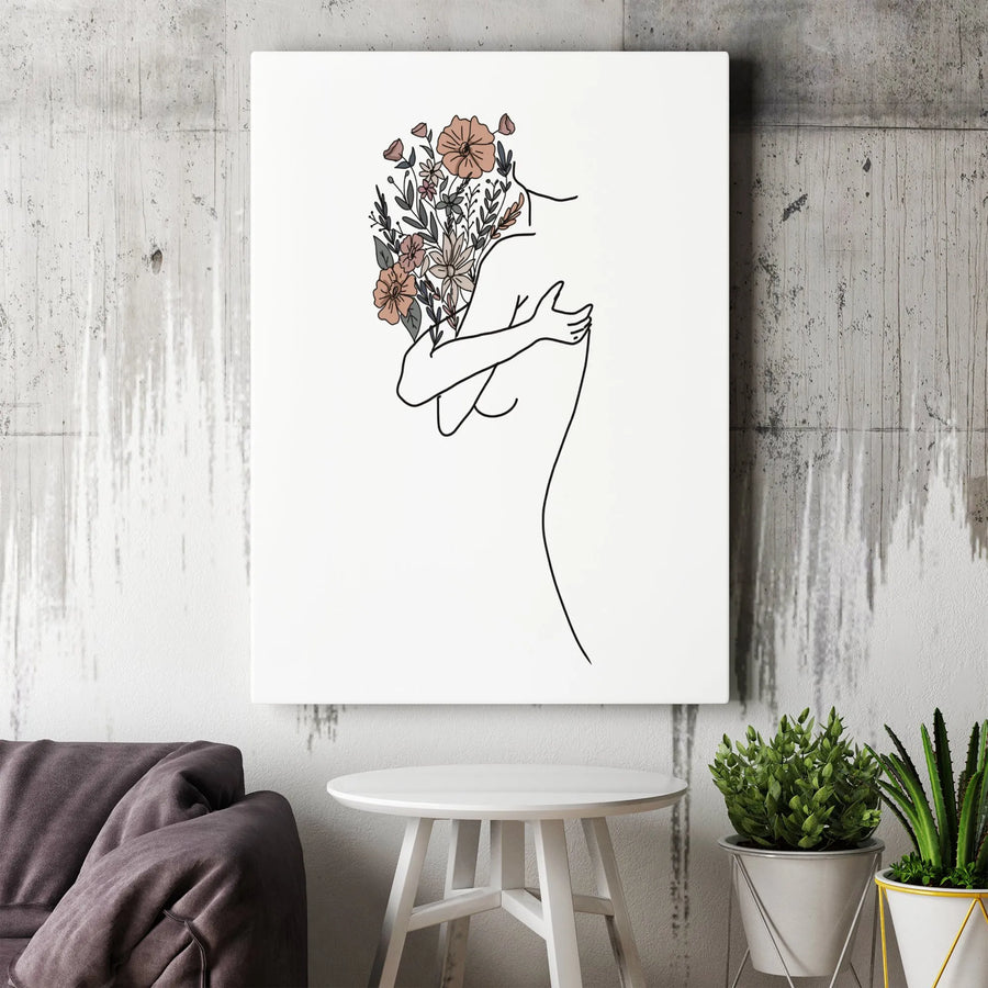 Minimalist Line Art Canvas | Woman Hugging Self with Flowers | Premium Gallery-Wrapped Print | Self-Love Aesthetic Home Decor