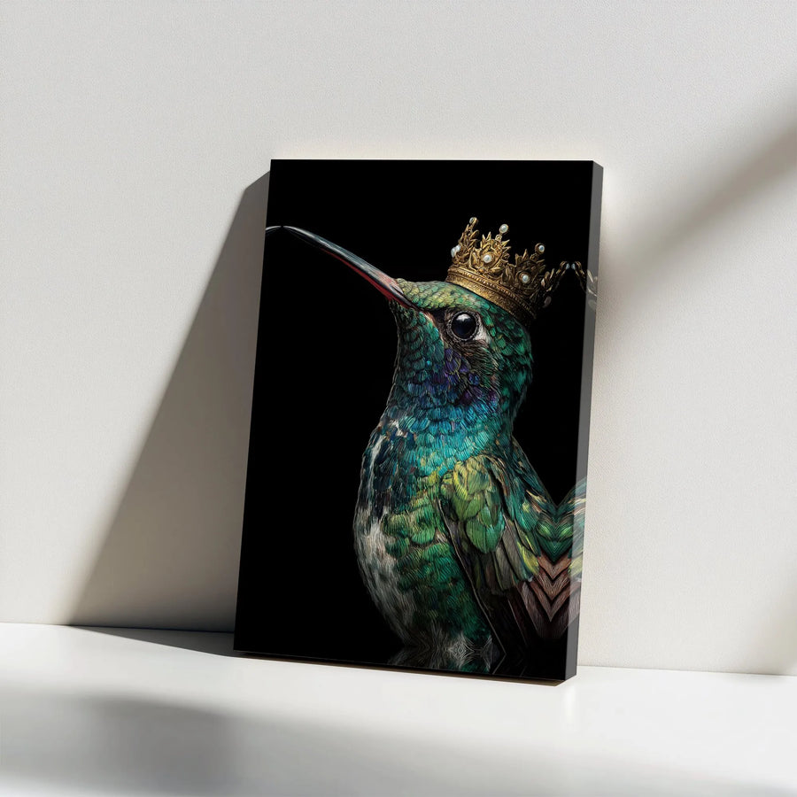 Royal Hummingbird King Vertical Canvas Wall Art | Golden Crown Teal Bird Portrait | Premium 1.25" Frameless Gallery Wrap | Unique Gift for Bird Lovers