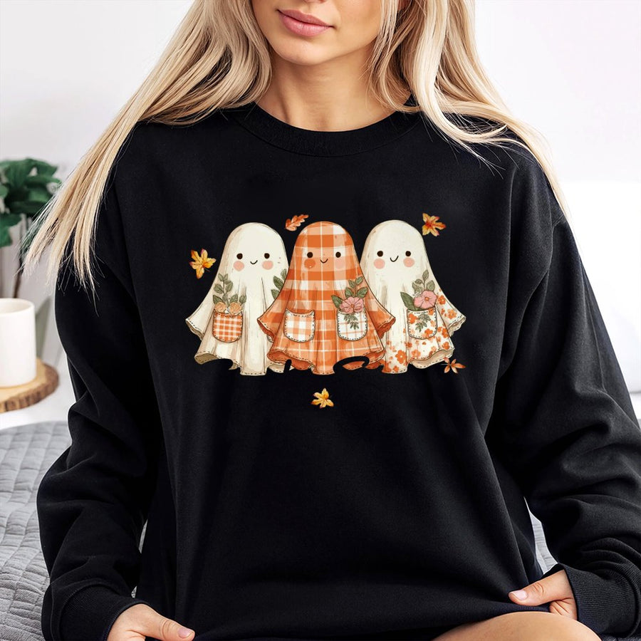 Spooky Season Ghost Sweatshirt | Cute Floral Autumn Patchwork Design | Premium Cotton Blend | Aesthetic Halloween Fall Apparel Gift for Women