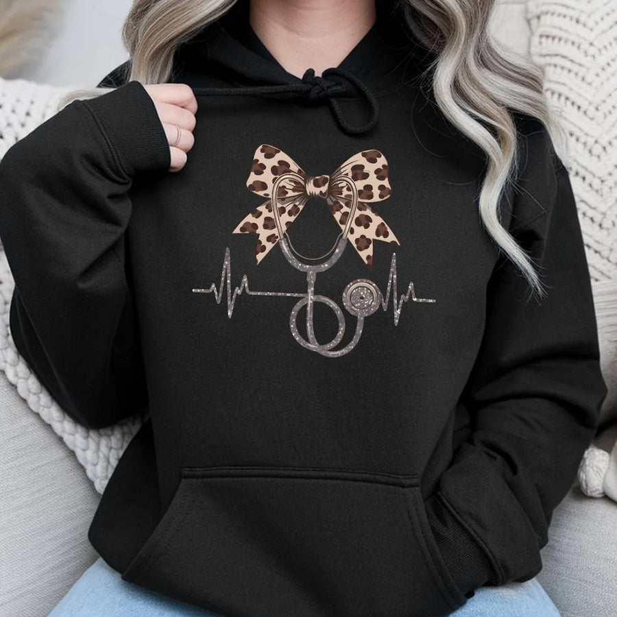 Leopard Nurse Hoodie | Coquette Bow Stethoscope EKG Graphic | Premium Cotton Blend | Gift for RN Nursing Student Graduate