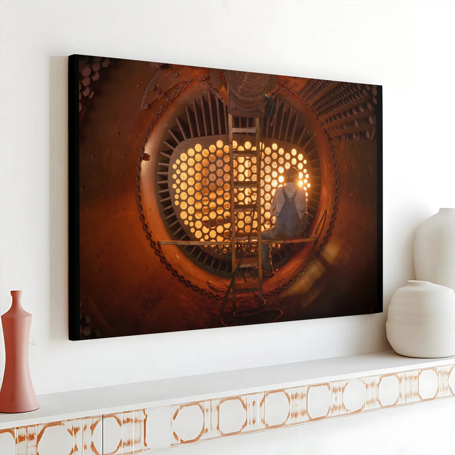 Steam Boiler Worker Canvas Print | Industrial Machinery Photography | 1.25 Inch Gallery Wrap | Large Wall Art Decor for Office or Garage