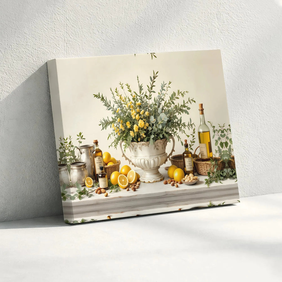 Lemon and Floral Still Life Canvas Print | Rustic Mediterranean Kitchen Art | Premium Fade-Resistant Print | Farmhouse Kitchen Wall Decor Gift