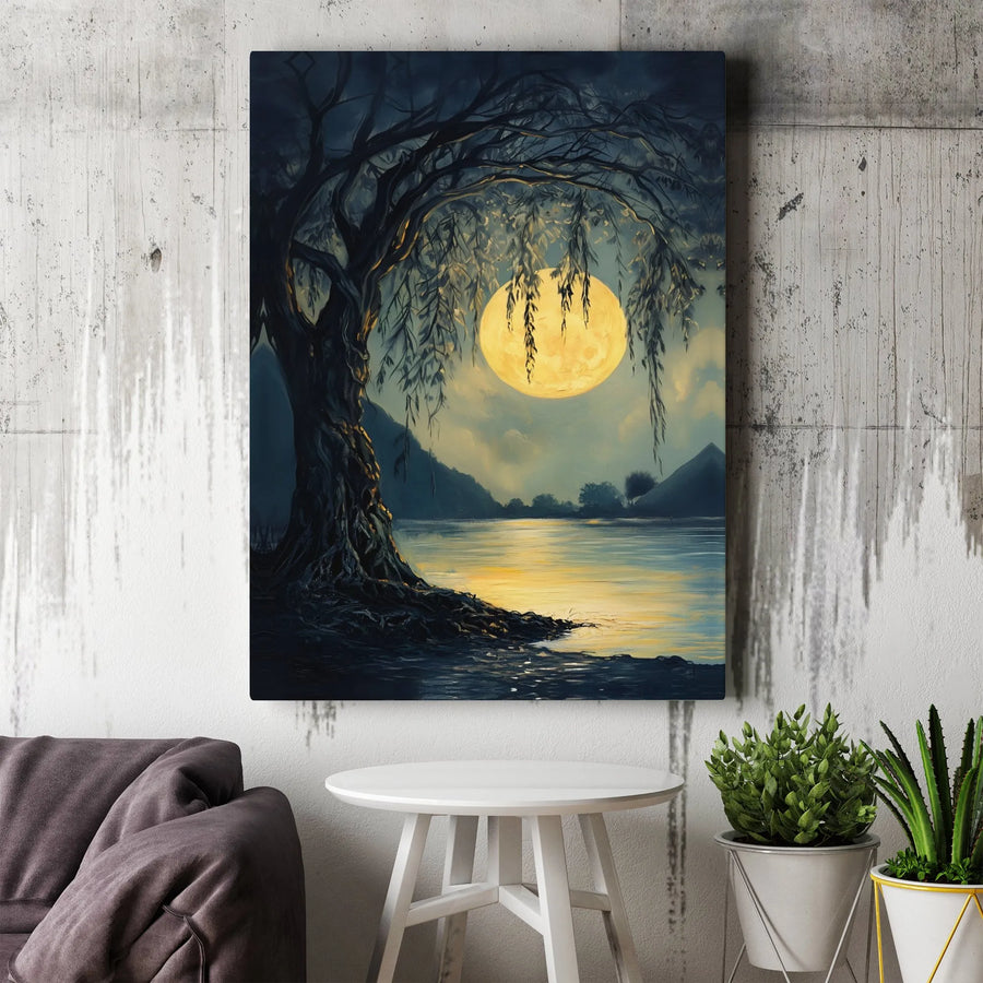 Weeping Willow Wall Art | Full Moon Lake Landscape Canvas Print | Premium Gallery Wrapped Decor | Nature Lover Gift for Home and Office