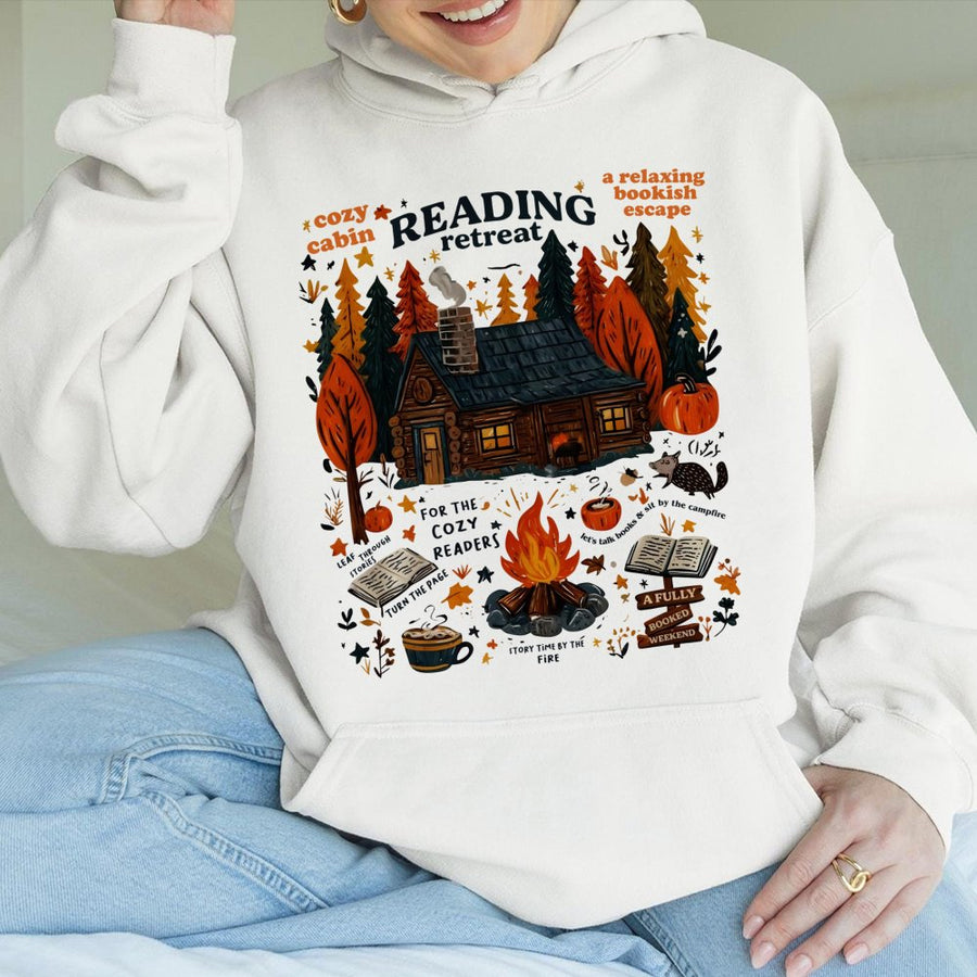 Reading Retreat Hoodie | Cozy Autumn Cabin Bookish Graphic | Premium Cotton Blend | Gift For Book Lovers Readers Librarian Students