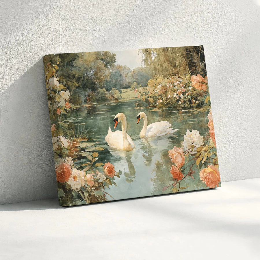 Swan Lake Painting Canvas | Romantic Botanical Floral Wall Art | Premium Fade-Resistant Print | Elegant Home Decor For Bedroom Or Living Room