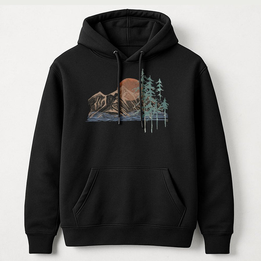 Mountain Forest Graphic Hoodie | Abstract Nature Landscape Art | Premium Cotton-Poly Blend | Unisex Outdoor Gift for Hikers and Nature Lovers