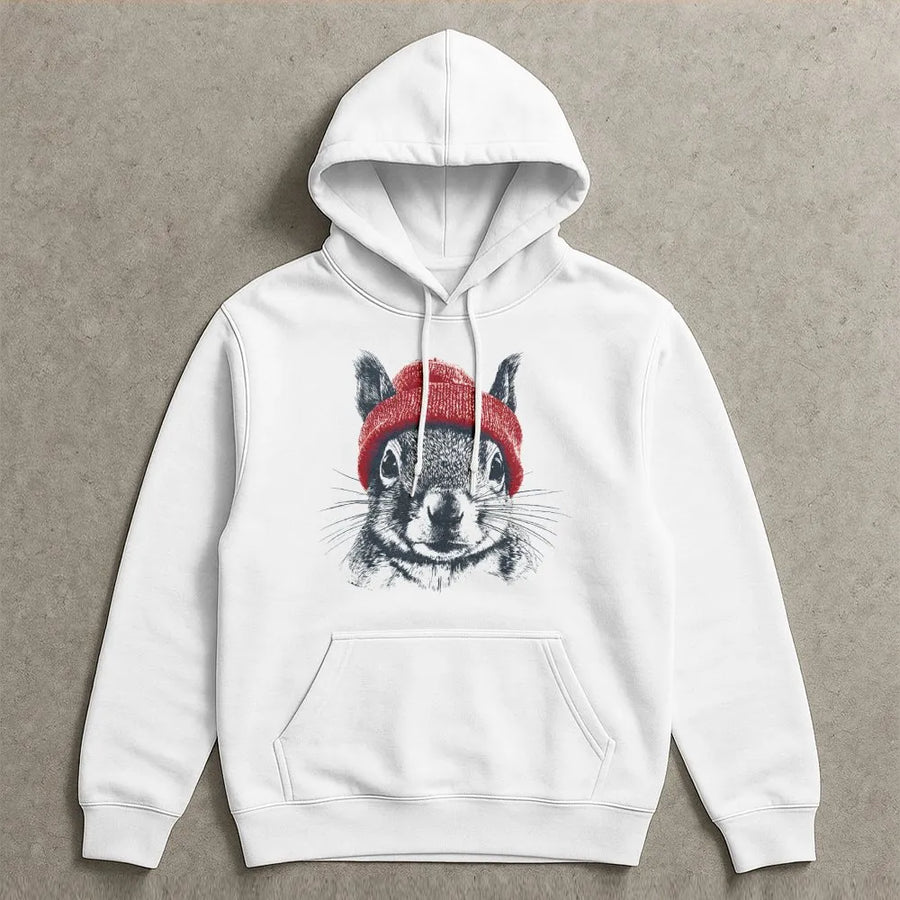 Hipster Squirrel Hoodie | Cute Animal Beanie Graphic | Premium Cotton-Blend Pullover | Wildlife Nature Lover Gift for Adults
