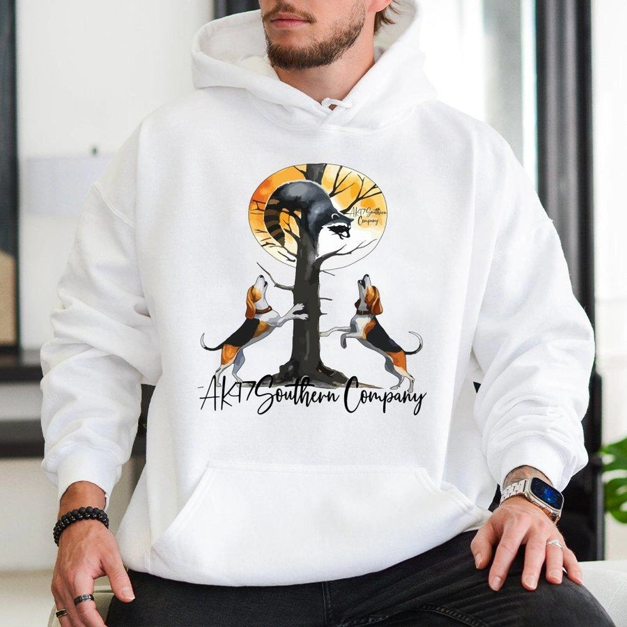 Treeing Coonhound Hoodie | Raccoon Hunting Dog Graphic Print | Premium Cotton Blend | Gift For Southern Hunting Enthusiasts