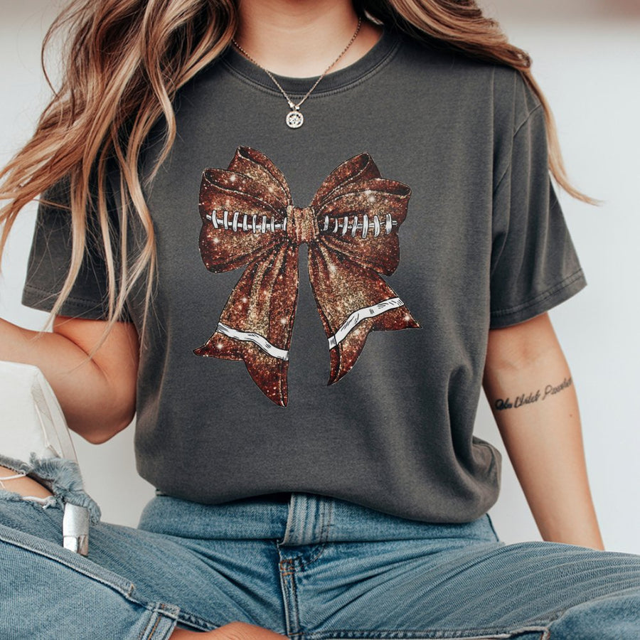Football Bow T-Shirt | Glitter Coquette Aesthetic Graphic | 100% Cotton Premium Tee | Football Mom Game Day Outfit Gift