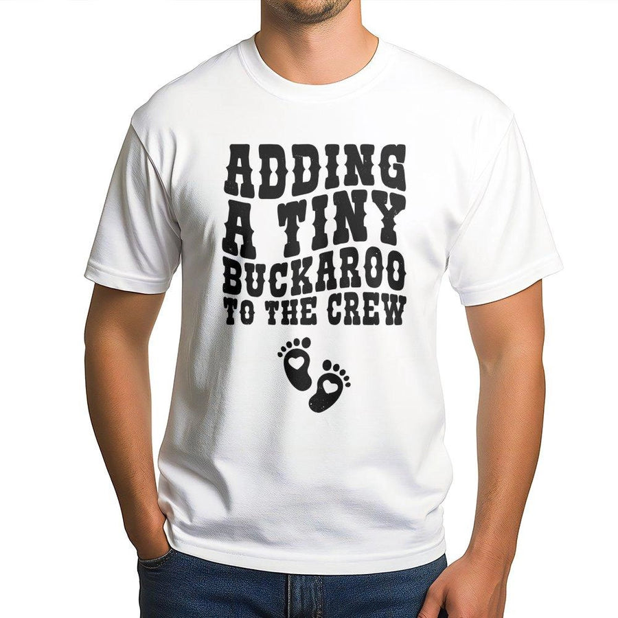 Adding A Tiny Buckaroo To The Crew T-Shirt | Western Pregnancy Announcement | Premium Soft Cotton Tee | Cute Cowgirl Baby Reveal Gift For Mom