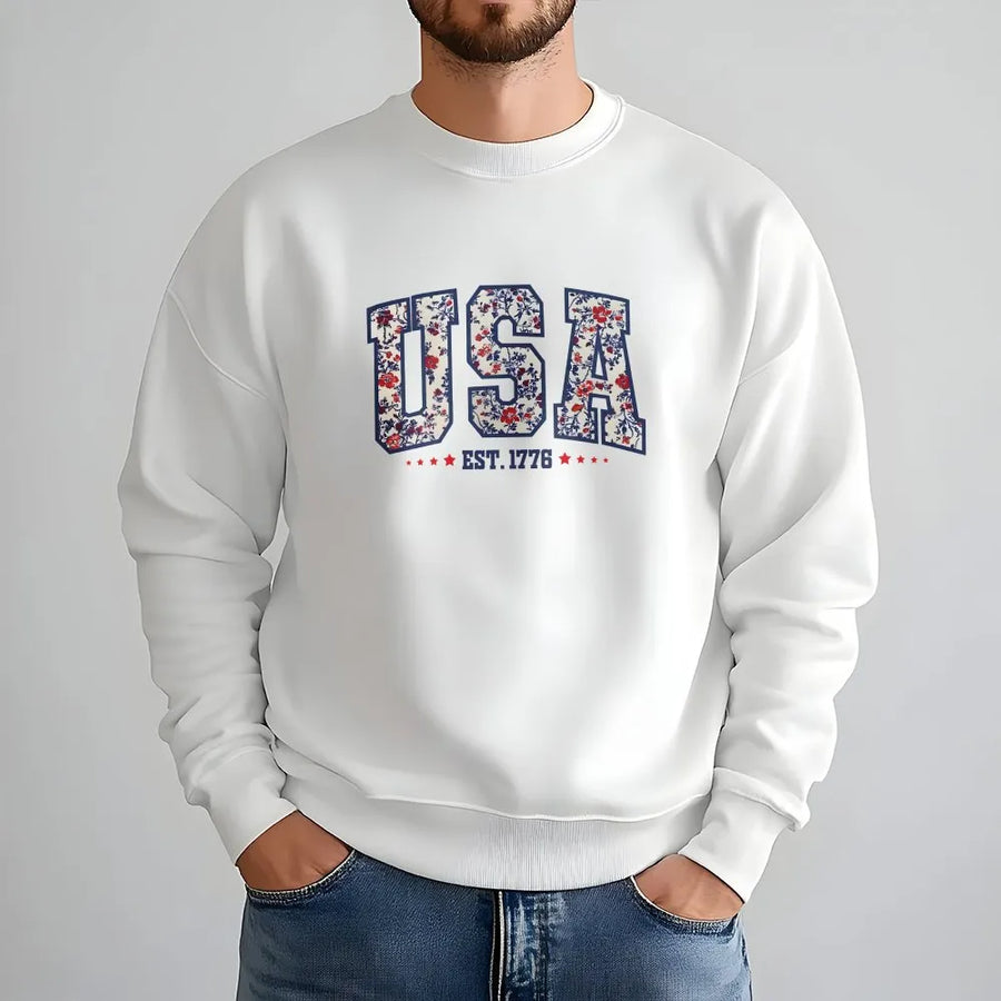 Girly USA Sweatshirt | Floral Patriotic Est 1776 Sweatshirt | Cozy Cotton Blend | 4th of July Gift for Women