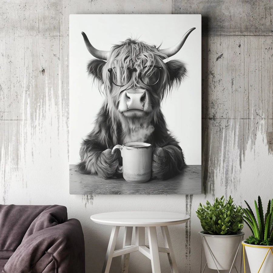 Highland Cow Wall Art | Black and White Coffee Lover Print | Premium Gallery Wrapped Canvas | Farmhouse Kitchen Decor Gift