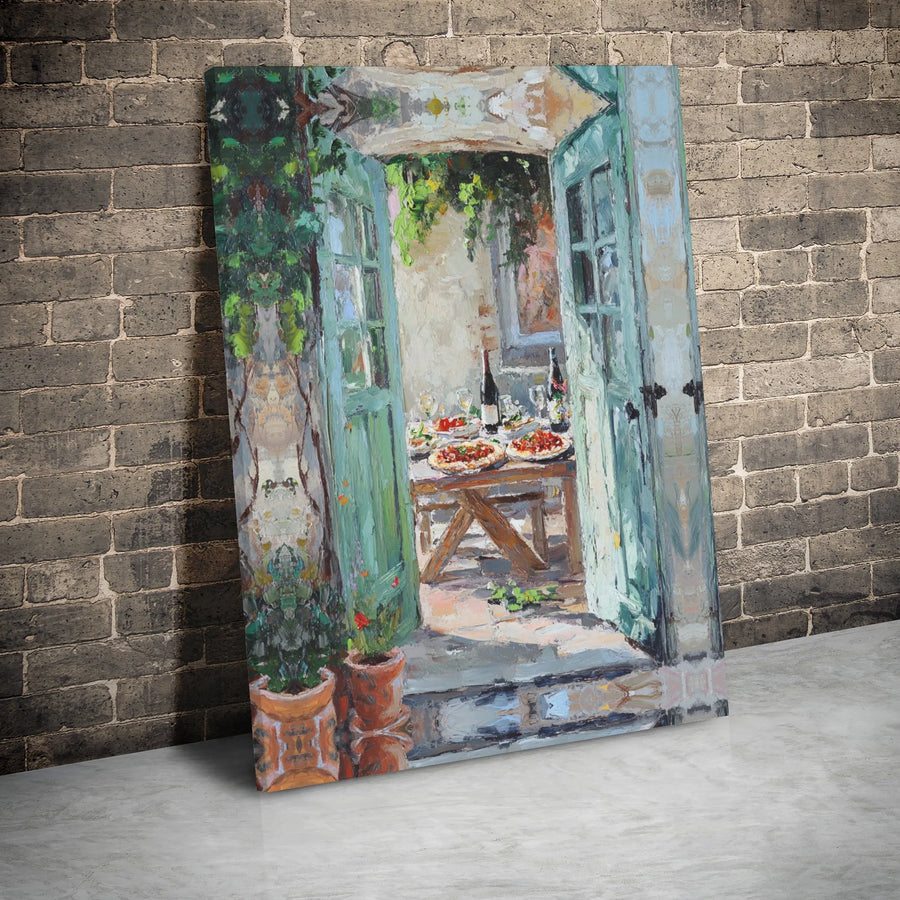 Italian Courtyard Canvas Wall Art | Impressionist Pizza and Wine Painting | Gallery Wrapped Premium Decor | Gift for Kitchen or Dining Room