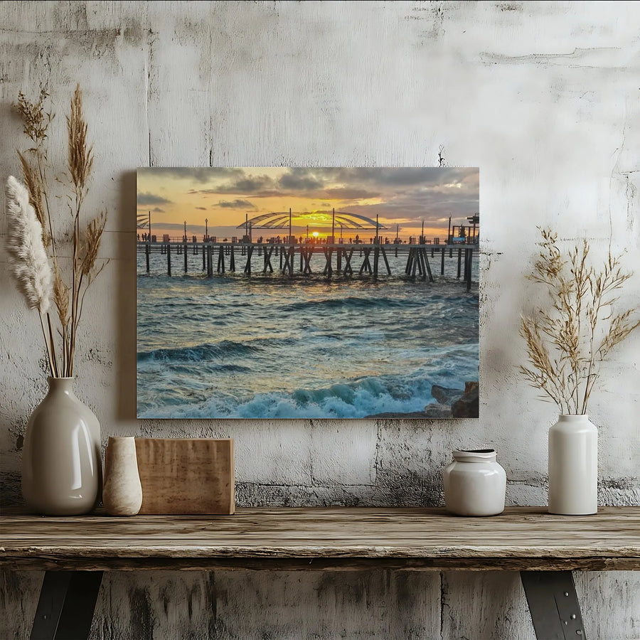 Ocean Pier Canvas Wall Art | Golden Sunset Coastal Landscape | Premium Fade-Resistant Gallery Print | Relaxing Home Decor for Living Room