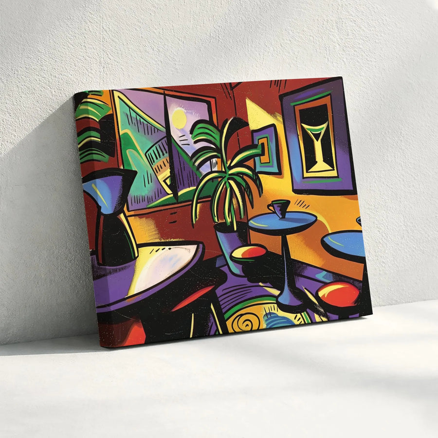 Abstract Cafe Interior Canvas Print | Modern Cubist Martini Bar Wall Art | Premium Gallery-Wrapped Decor | Vibrant Gift for Coffee Lovers