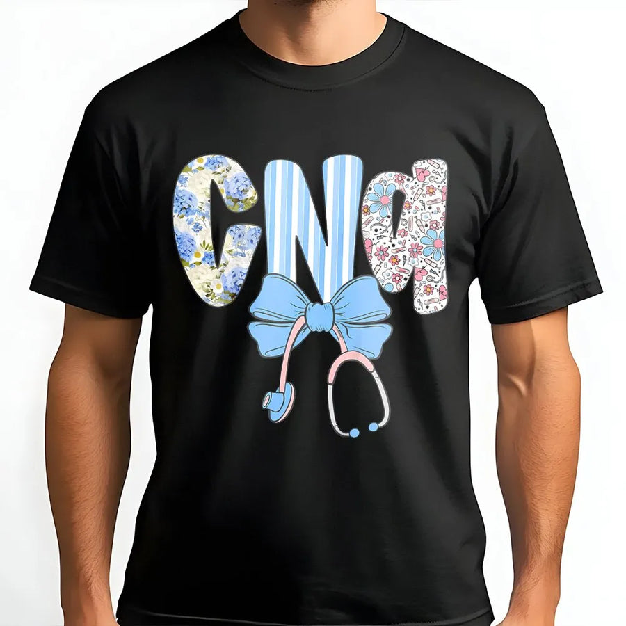 CNA Floral T-Shirt | Preppy Blue Stethoscope Bow Design | Premium Soft Cotton Tee | Cute Nurse Appreciation Graduation Gift for Women