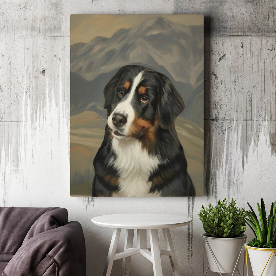 Bernese Mountain Dog Canvas Art | Realistic Portrait With Mountain Landscape | Gallery Wrap Premium Print | Dog Lover Gift Decor