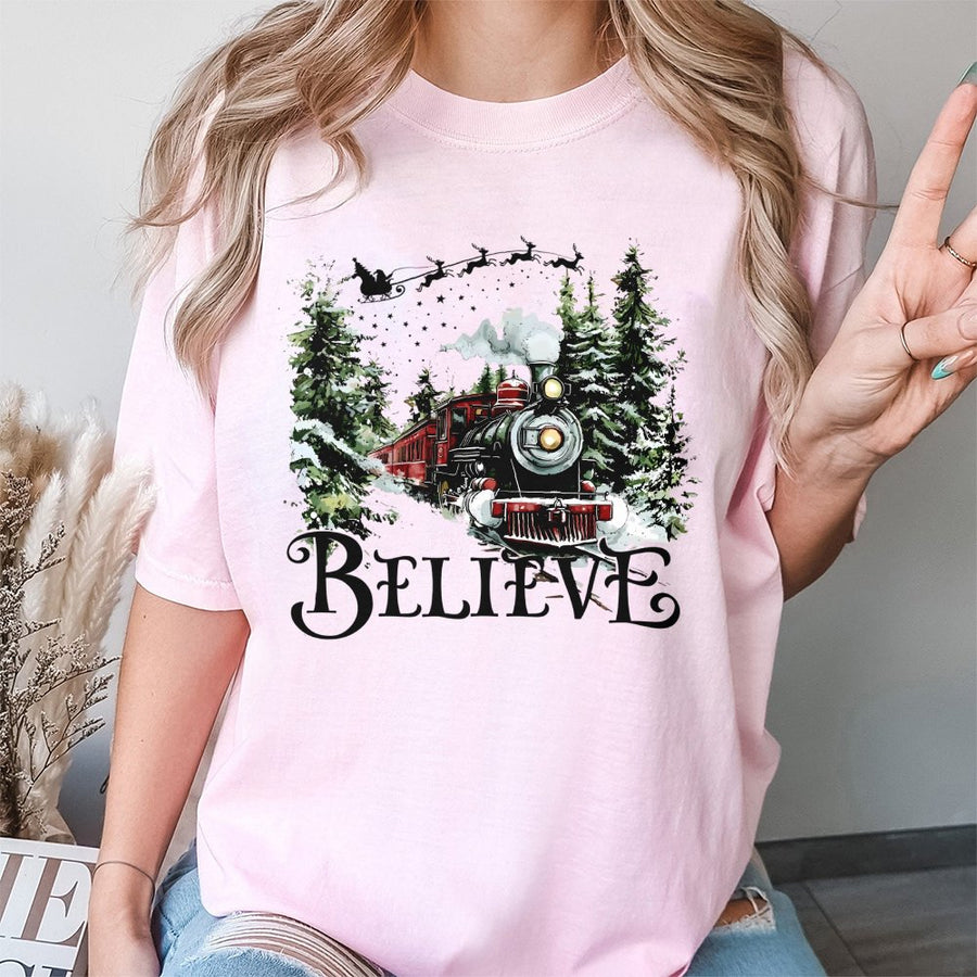 Believe Christmas Train T-Shirt | Vintage Holiday Express Graphic Tee | Premium Cotton Holiday Apparel | Magical Winter Gift for Train Lovers