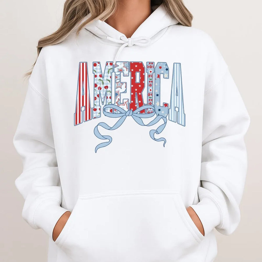 Coquette America Hoodie | Retro USA Flag Bow Graphic | Soft Cotton Blend Sweatshirt | Patriotic 4th of July Gift for Women