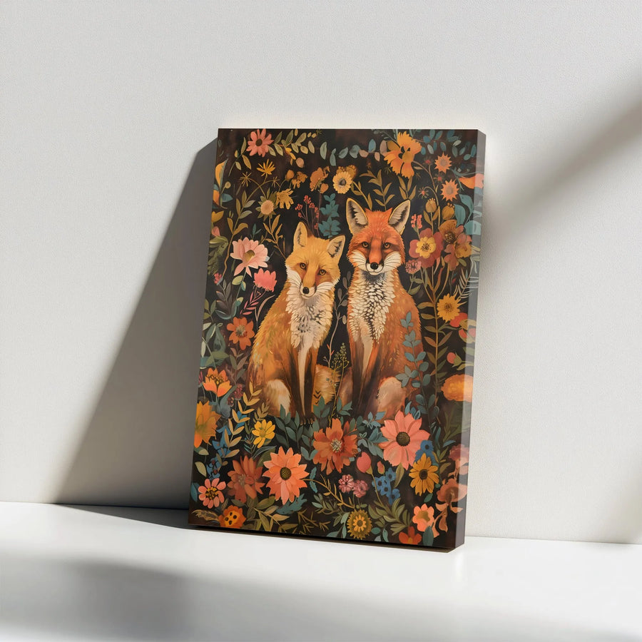 Vintage Fox Canvas Print | Two Foxes in Floral Woodland Art | Premium Gallery Wrapped Canvas | Unique Gift for Animal Lover & Cottagecore Decor