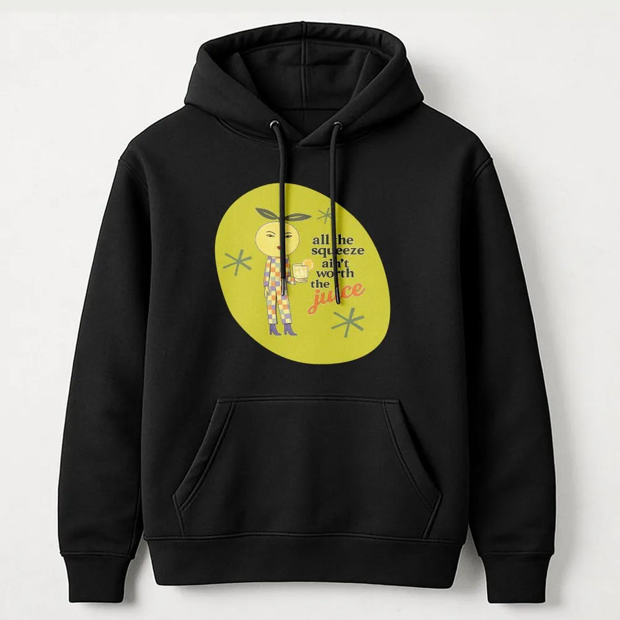 Retro Lemon Character Hoodie | All The Squeeze Ain't Worth The Juice Graphic | Premium Cotton Blend | Funny Foodie Gift Unisex Pullover