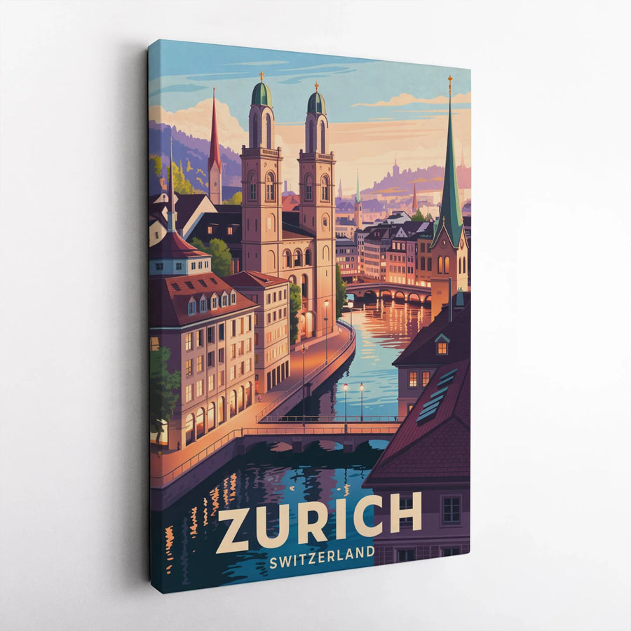 Zurich Switzerland Travel Poster | Vintage Aesthetic Cityscape Wall Art | Premium Gallery-Wrapped Canvas | Travel Enthusiast Decor Gift