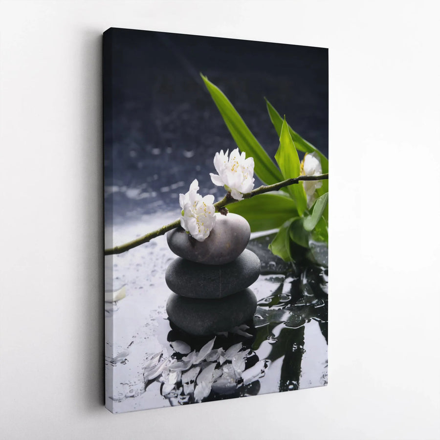 Zen Balancing Stones Canvas Wall Art | Cherry Blossom Bamboo Spa Decor | Premium Gallery Wrap Print | Peaceful Home & Office Sanctuary Gift