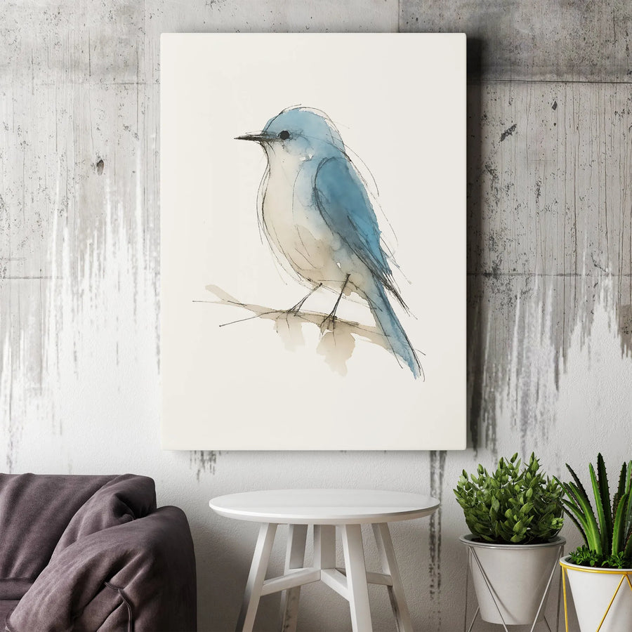 Blue Bird Canvas Wall Art | Minimalist Watercolor Ink Sketch | Premium Gallery Wrapped Print | Nature Home Decor Gift for Bird Lovers