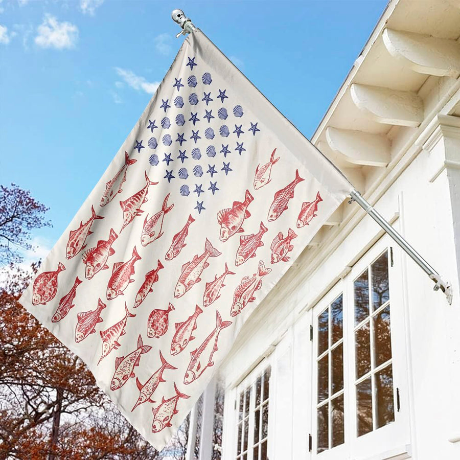 Patriotic Fishing Garden Flag | Nautical Seashell & Fish American Flag Art | UV-Resistant Polyester | Outdoor Coastal Home Decor Gift for Fishermen