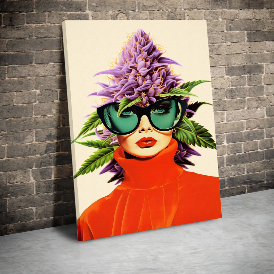 Cannabis Woman Vertical Canvas | Retro Pop Art Illustration | Premium Thick Gallery Wrap | Unique Stoner Gift & Dispensary Wall Decor