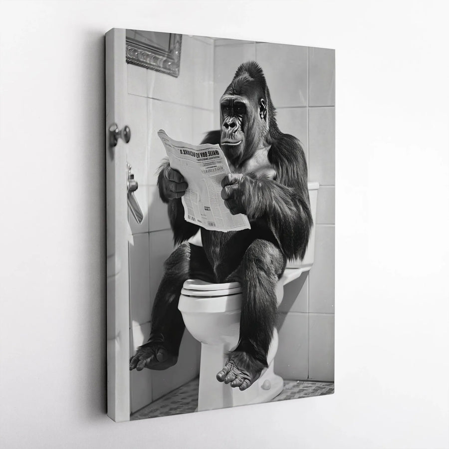 Funny Gorilla Toilet Wall Art | Bathroom Humour Canvas Print | Premium Gallery Wrap Decor | Unique Man Cave Gift for Men