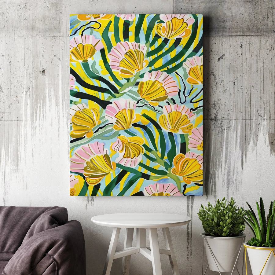 Abstract Floral Canvas Wall Art | Botanical Yellow and Pink Flower Painting | Gallery-Quality Premium Print | Modern Home Decor Gift