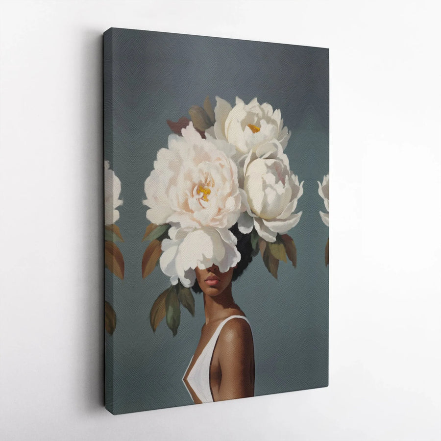 Black Woman Floral Canvas Print | Abstract Peony Head Portrait | Premium Gallery Wrapped Wall Art | Modern Botanical Home Decor Gift