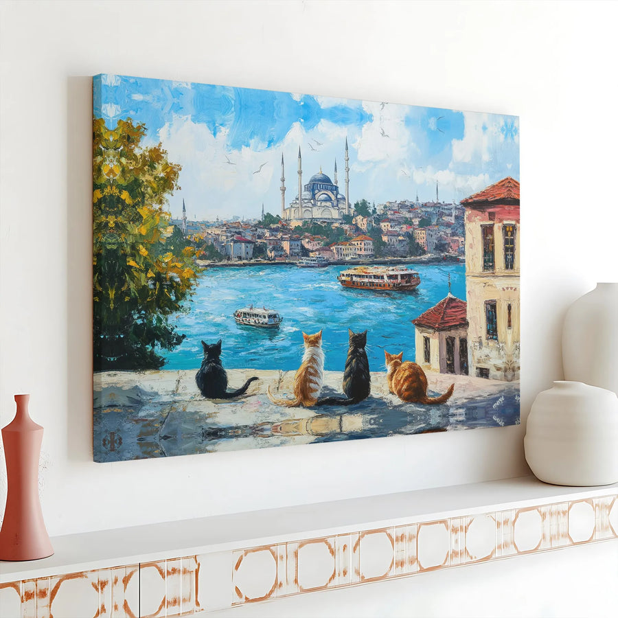 Istanbul Cityscape Canvas Print | Cats Overlooking Bosphorus Oil Painting Style | 1.25 Inch Gallery Wrap Wall Art | Travel & Cat Lover Gift