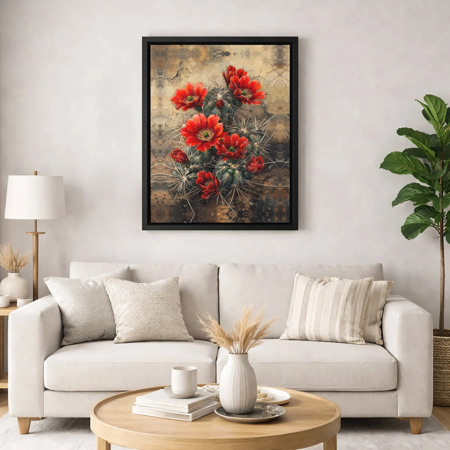 Blooming Cactus Wall Art | Vibrant Red Desert Flower Painting | Premium Gallery-Wrapped Canvas | Botanical Home Decor for Living Room
