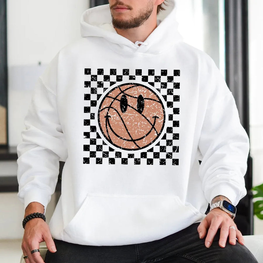 Basketball Game Day Hoodie | Retro Smiley Face Checkered Print | Premium Cotton Blend | Gift for Basketball Mom & Fan