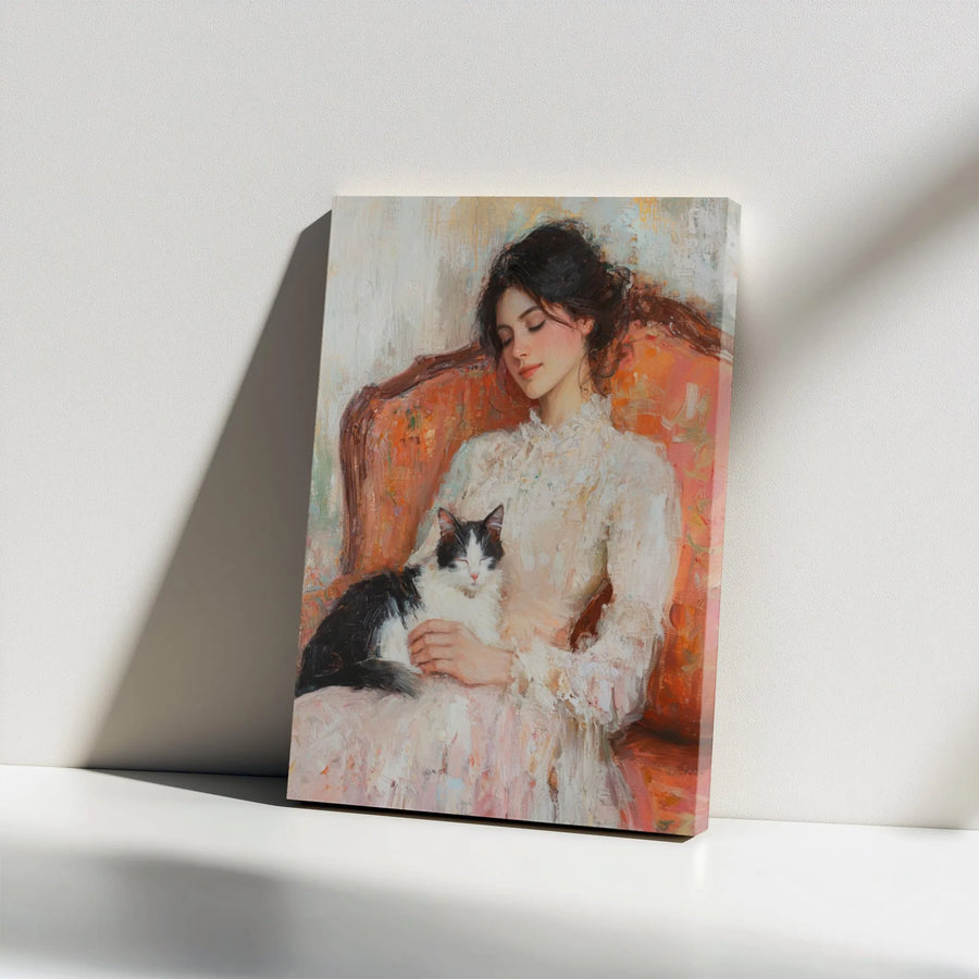Vintage Woman with Cat Canvas Wall Art | Impressionist Portrait with Sleeping Cat | Premium Gallery Wrapped Canvas | Classic Home Decor Gift for Cat Lovers