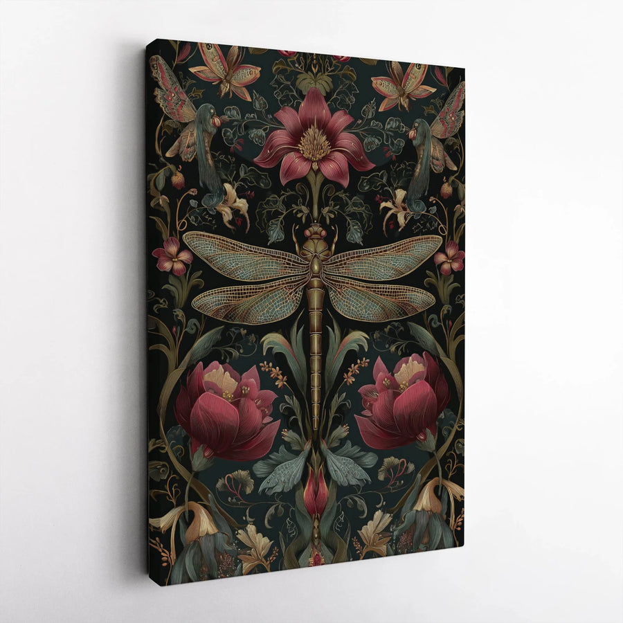 Dragonfly Canvas Wall Art | Art Nouveau Floral Botanical Pattern | Premium Gallery Wrap Print | Elegant Home Office Decor Gift