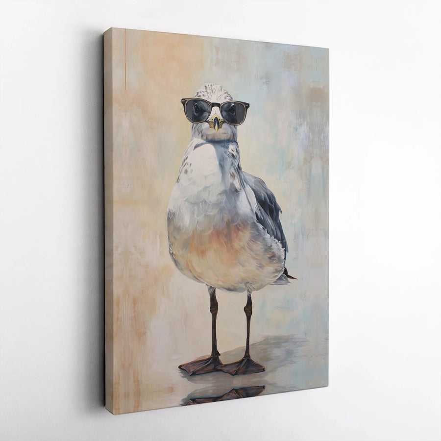 Funny Seagull Canvas Art | Bird with Sunglasses Painting | Premium Thick Gallery Wrap | Unique Coastal Beach House Decor Gift