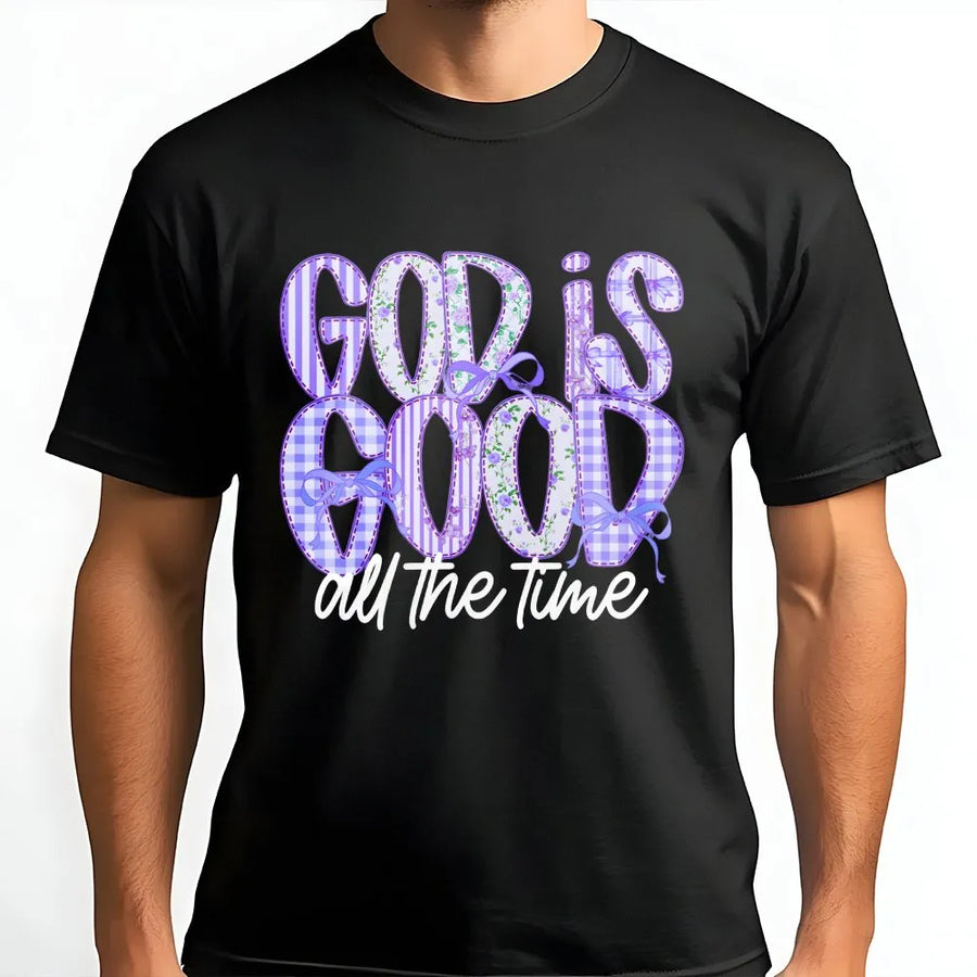 God Is Good T-Shirt | Purple Patchwork Floral Lettering | Premium Soft Cotton Tee | Inspirational Christian Gift for Women
