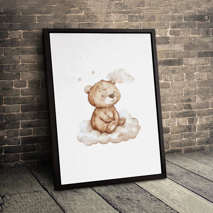 Watercolor Teddy Bear Wall Art | Cute Nursery Decor Cloud Print | Premium Gallery Wrapped Canvas | Baby Shower Gift for Newborn Room